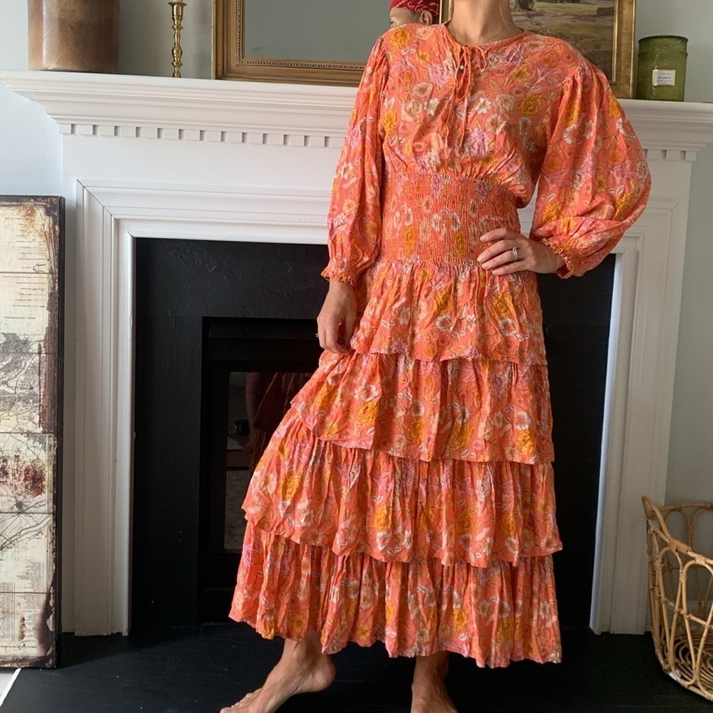 ELF Wrap Dress made by hand Size L birds Floral print ruffle smocked waist tie - Picture 13 of 16